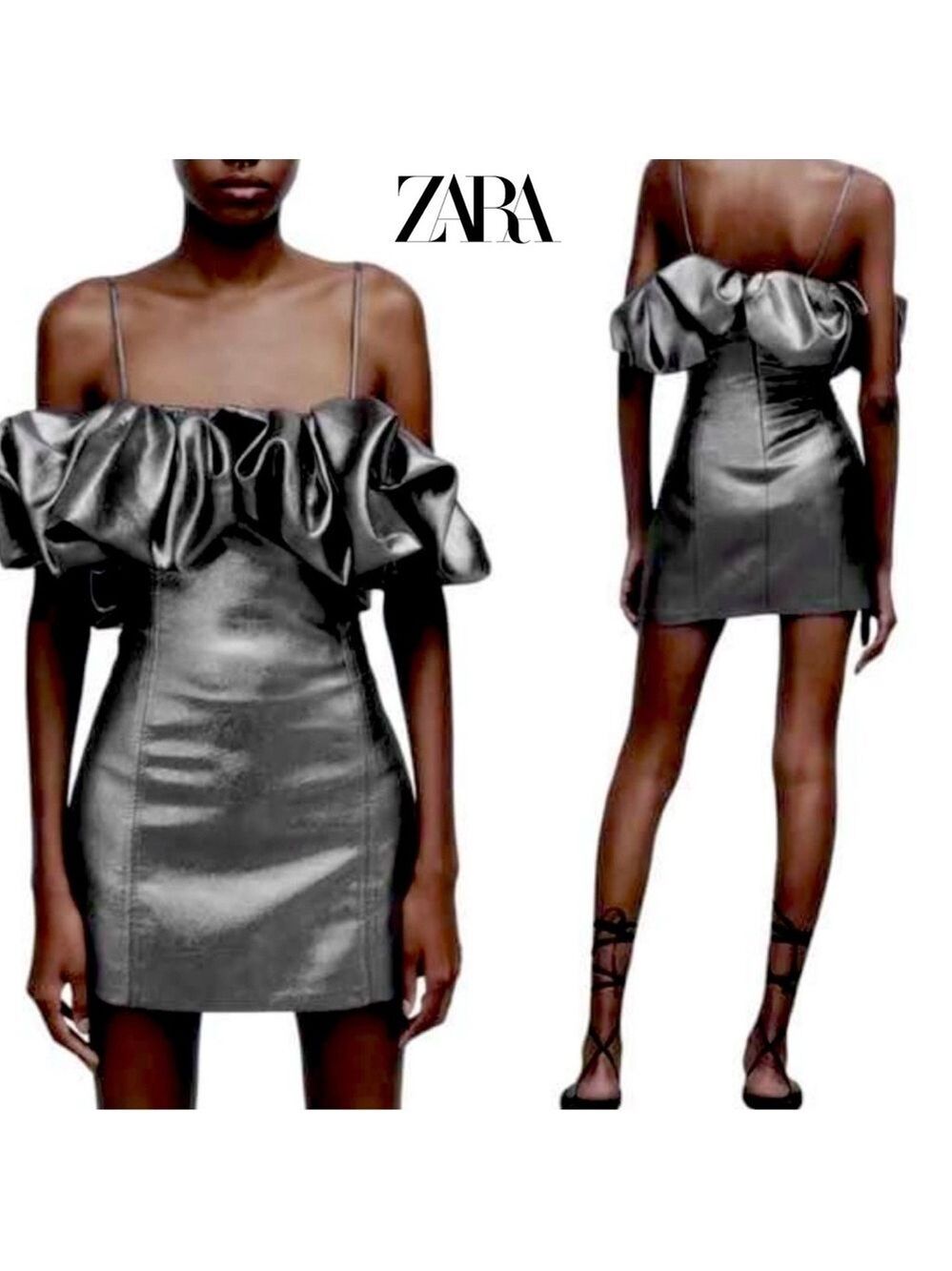 Zara silver metallic chrome voluminous mini dress ruffle frill off the shoulder